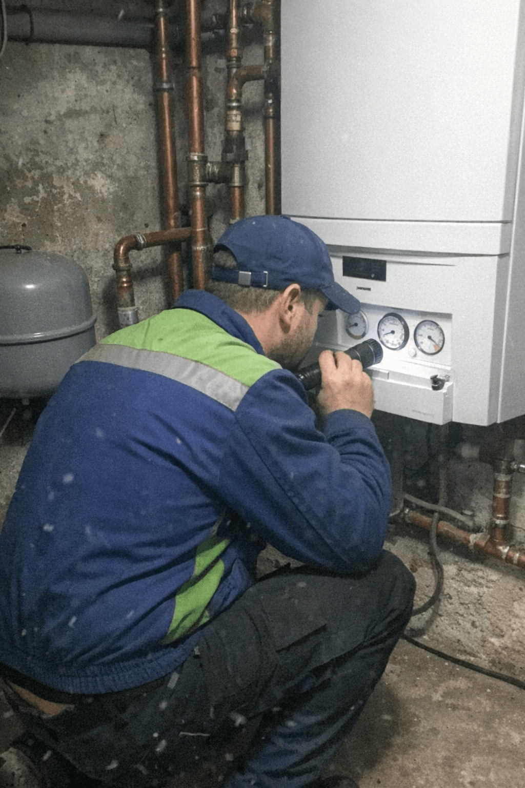 Fachmann überprüft Heizungsanlage in einem Kellerraum