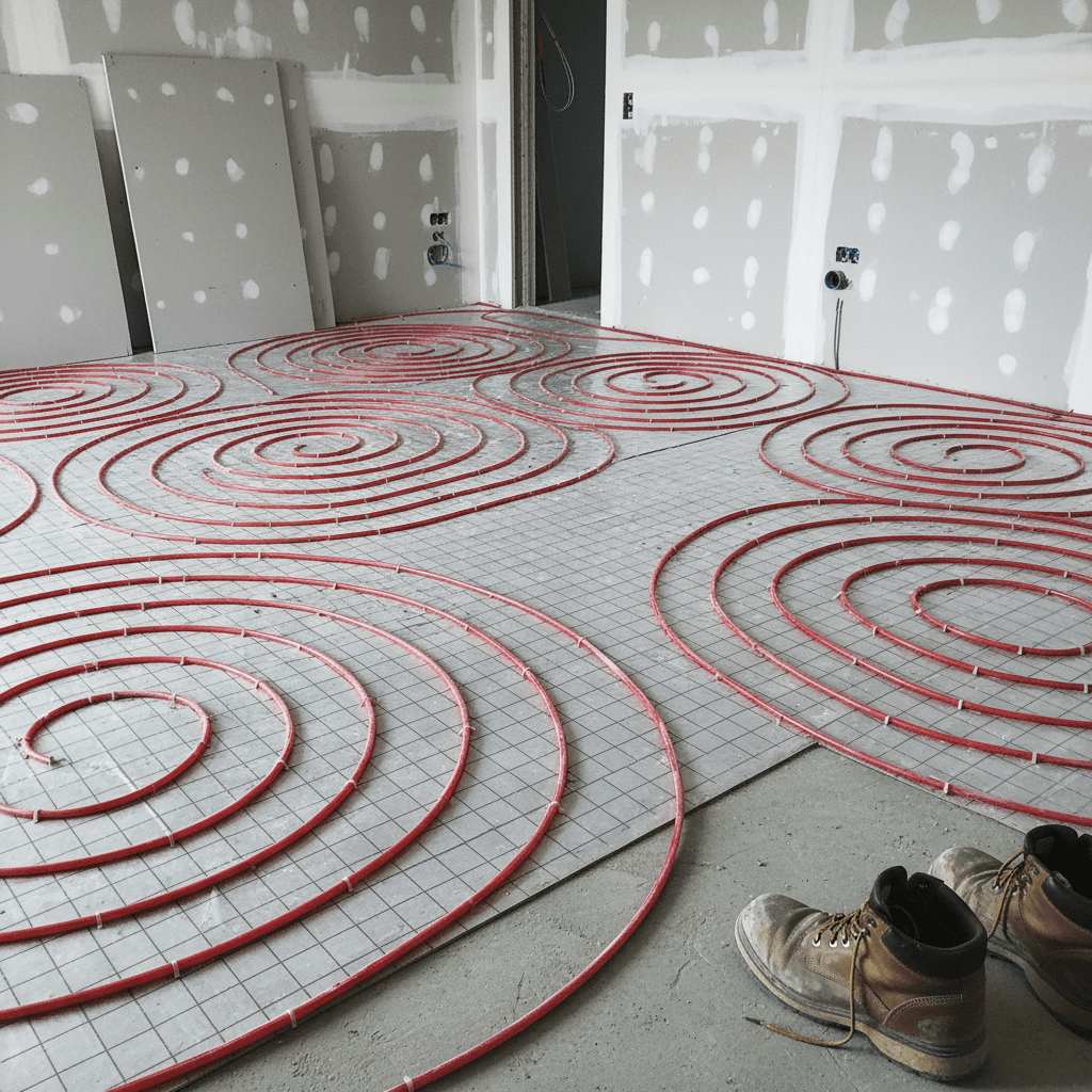 Moderne Fußbodenheizung Installation auf Dämmplatten