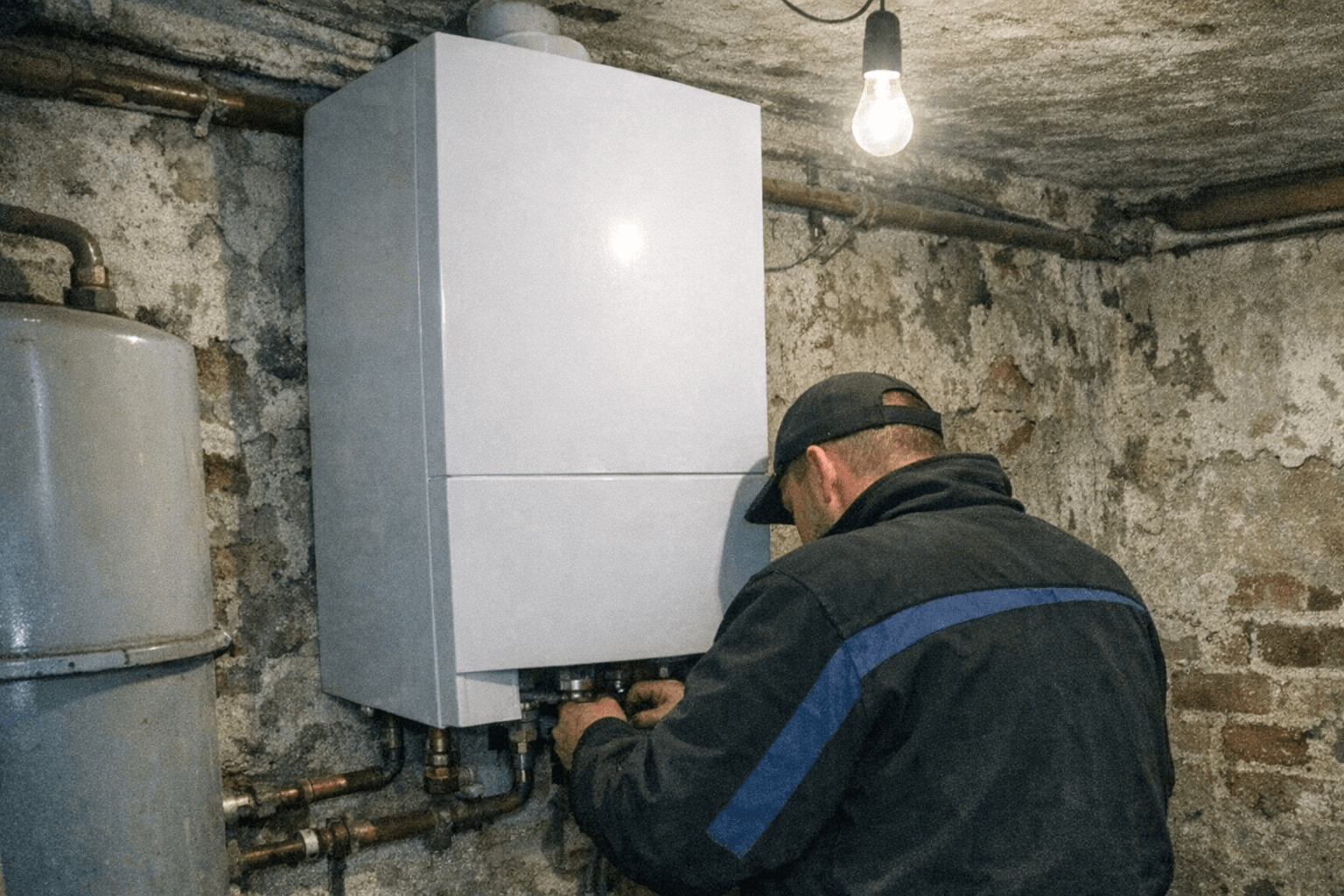 Techniker führt Wartung an einer Gastherme durch