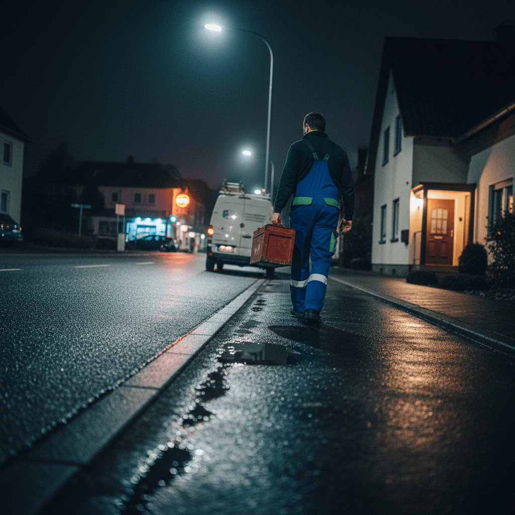 Erfahrener Notdienst Installateur mit Werkzeugkoffer vor Einsatzfahrzeug bei Nacht