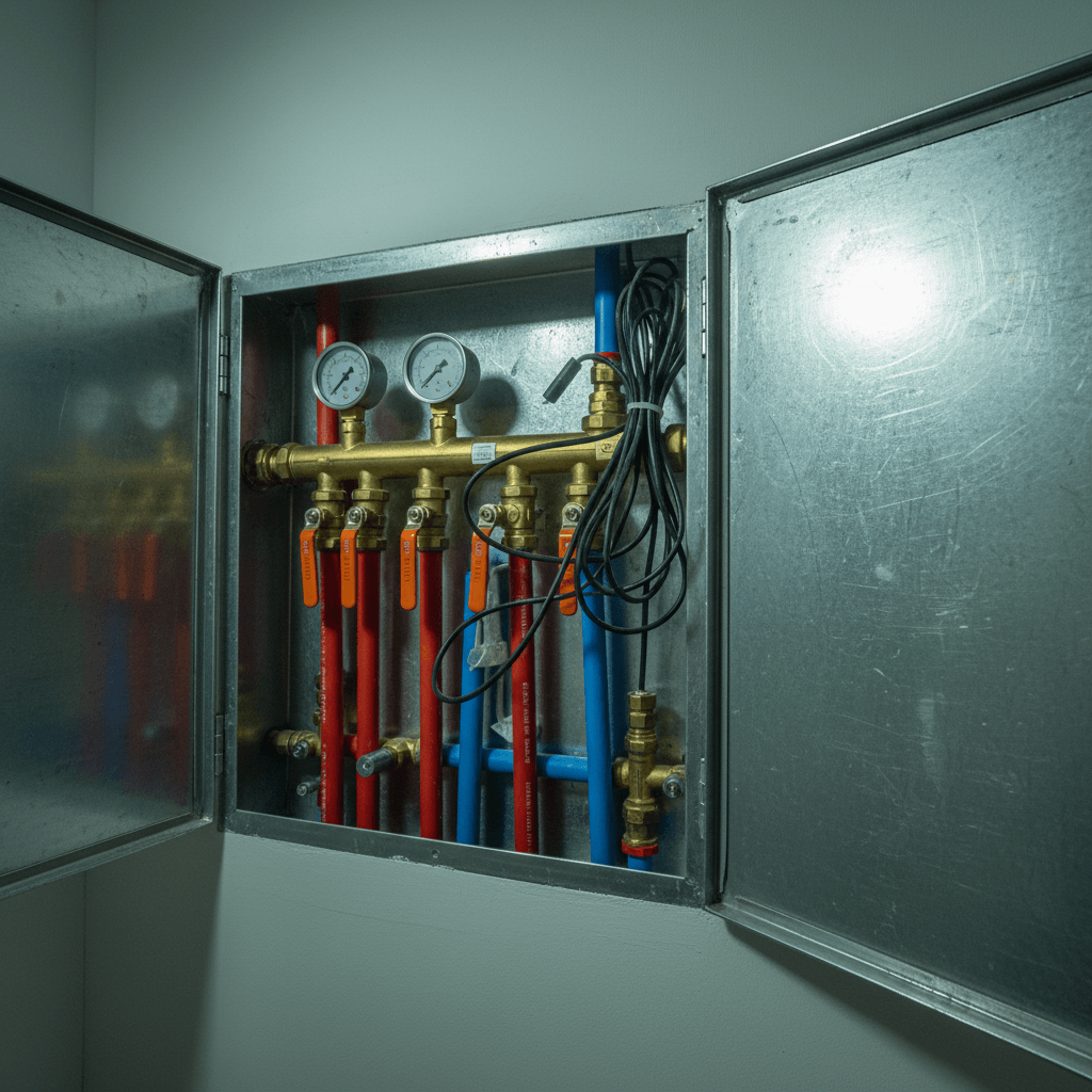 Verteilerkasten einer Fußbodenheizung mit Rohren